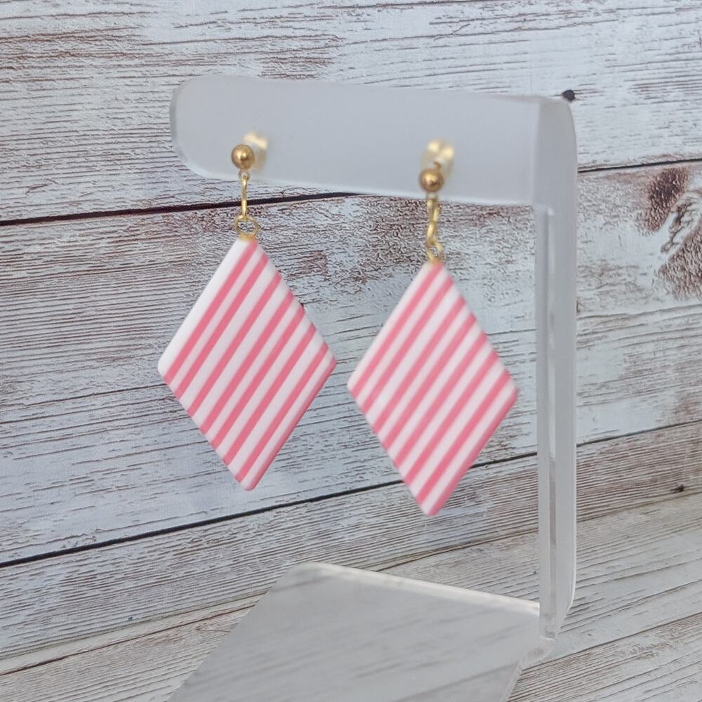 Vintage Stud Earrings Pink & White Striped Dangle
